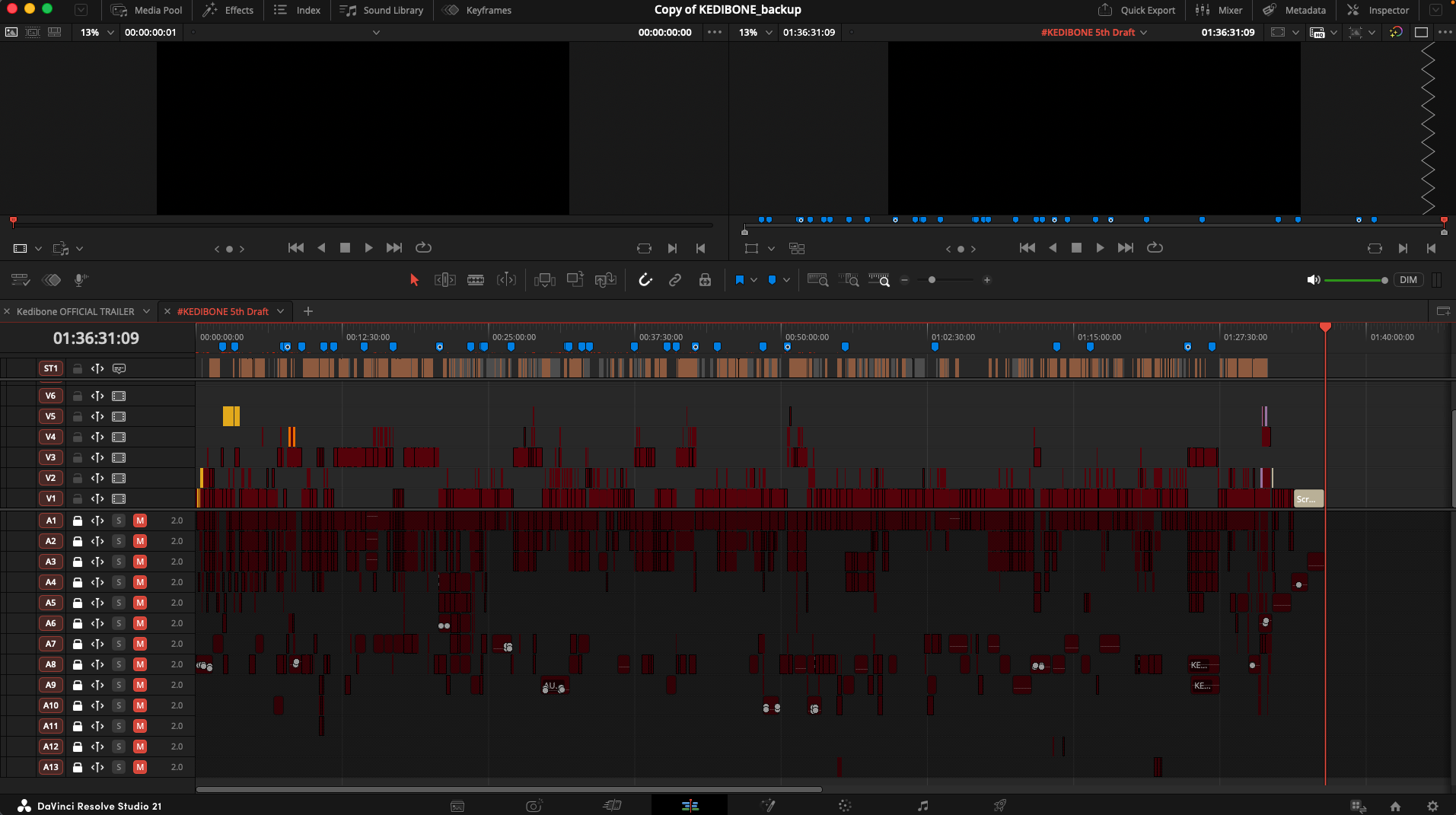 The #KEDIBONE 5th Draft timeline open in DaVinci Resolve, six video tracks and thirteen audio tracks with markers across its length