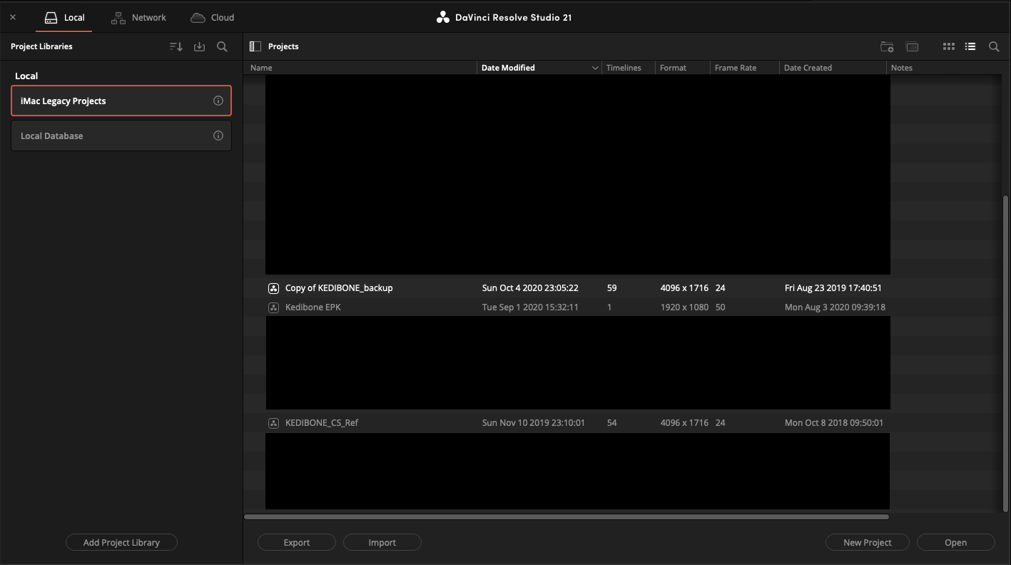 DaVinci Resolve project library showing the Kedibone projects, their timeline counts, formats and dates